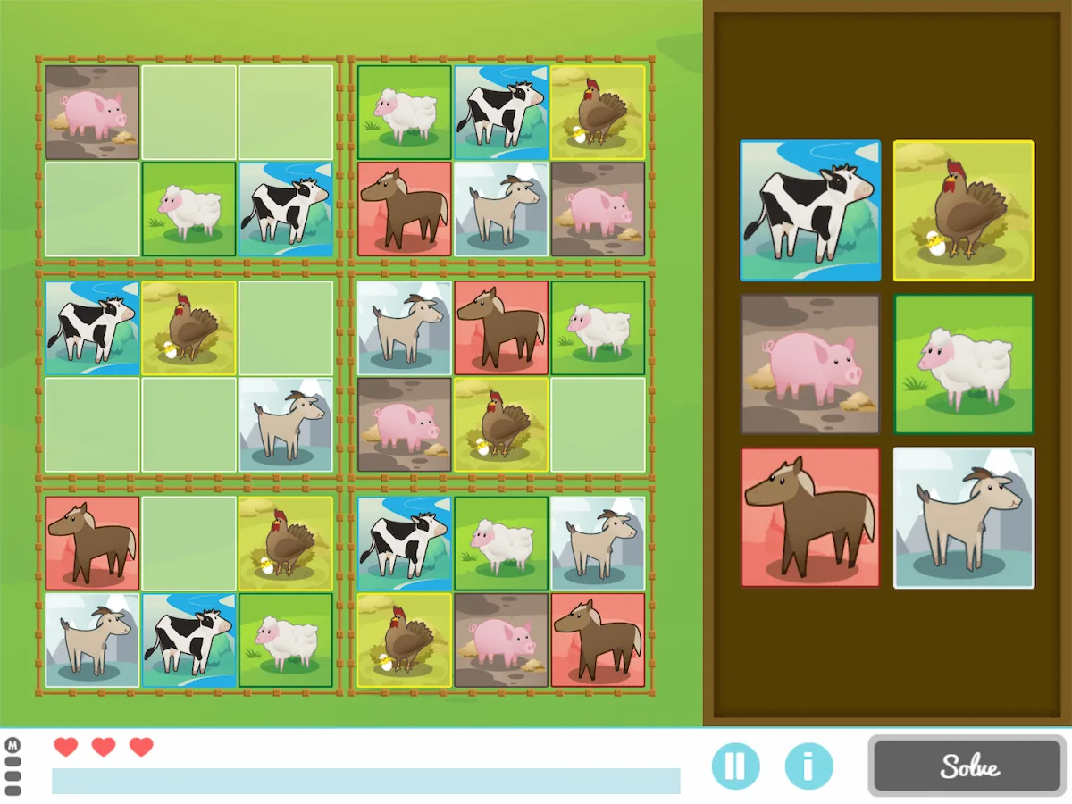 Farm-themed NeuronUP activity board showing a grid-based animal sorting puzzle with labeled bins and prompts.