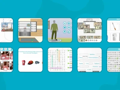 Older adults participating in cognitive games and memory tasks around a table during a supervised group activity session