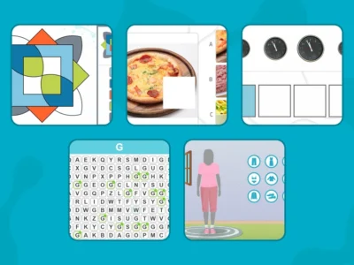 Group of adults with Down syndrome in a therapy setting viewing a mosaic of cognitive tasks including pattern puzzles, a pizza slice choice, clocks, a word search, and a measuring activity.