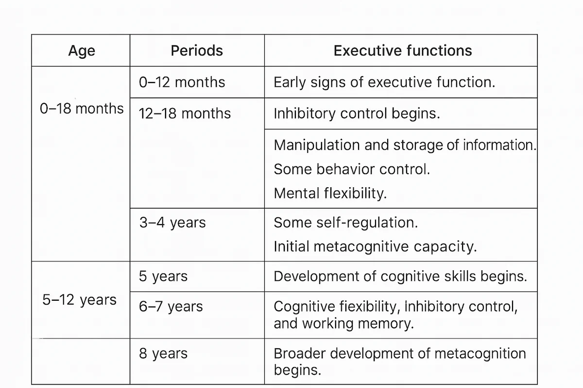 Table 1. Development of executive functions in the stages of early childhood and primary education
