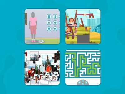 Collage: scale icons, playground kids, winter puzzle pieces, maze with control panel.