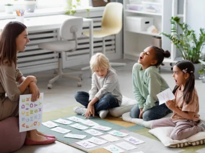 woman with children doing pediatric neurodevelopment activities