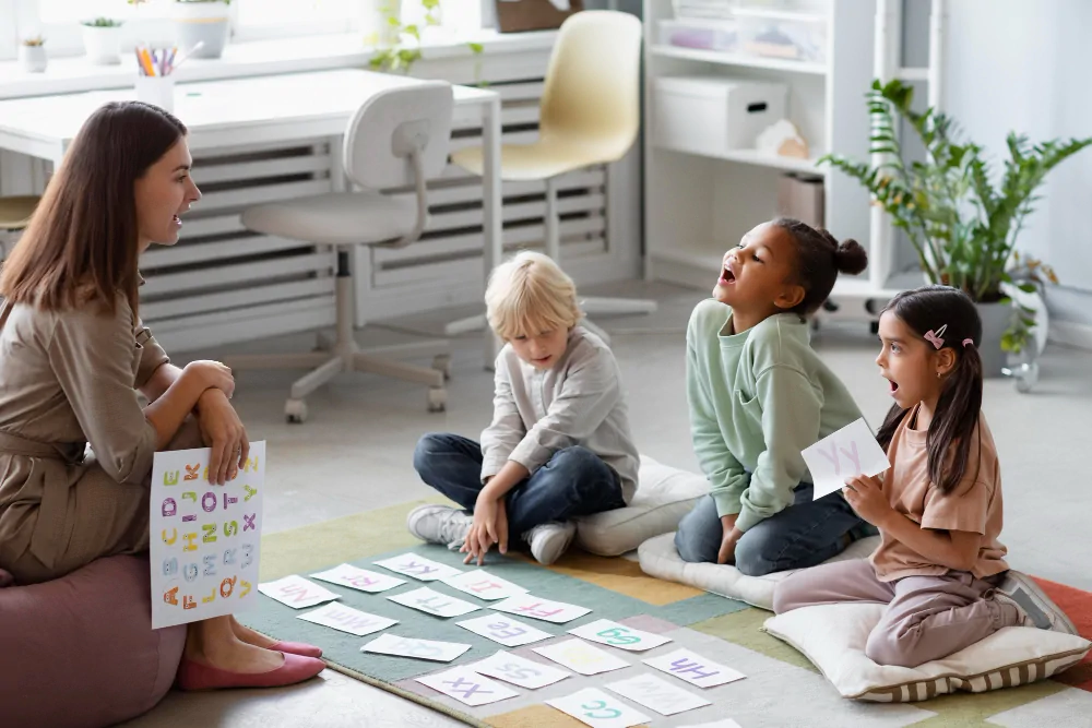 woman with children doing pediatric neurodevelopment activities