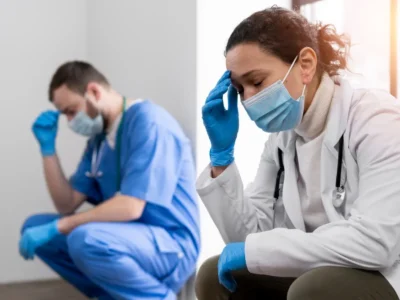 The mental health of healthcare workers. Exhausted healthcare staff.