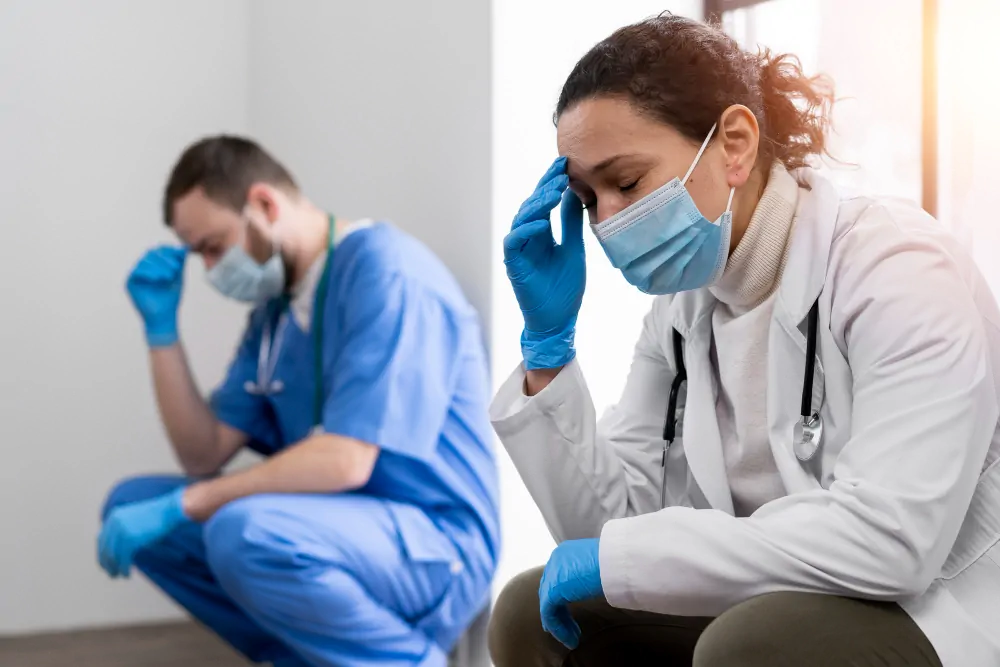The mental health of healthcare workers. Exhausted healthcare staff.