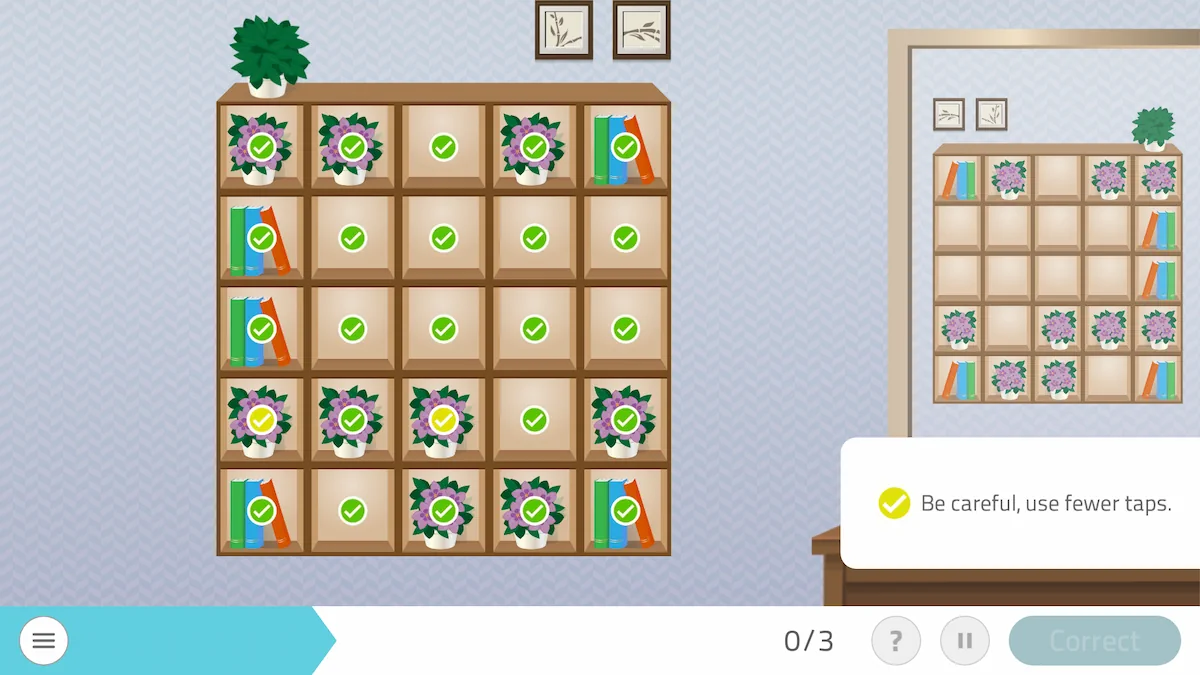 Bookcase with shelves of orange and blue books, flowerpots, a mirror, and pictures; it shows a completed task with a timer.