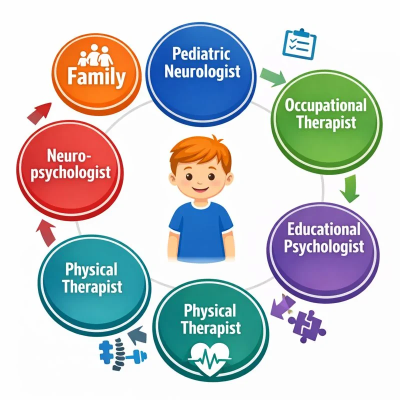 Therapist guides a child through targeted motor coordination exercises during a clinic rehabilitation session.