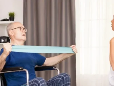 Nurse working with a patient with a neurodegenerative disease