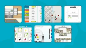 Six-panel collage showing kitchen tasks, word game, puzzle, instruments, color-mixing science, and money math for older adults.