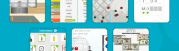 Six-panel collage showing kitchen tasks, word game, puzzle, instruments, color-mixing science, and money math for older adults.