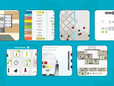 Six-panel collage showing kitchen tasks, word game, puzzle, instruments, color-mixing science, and money math for older adults.