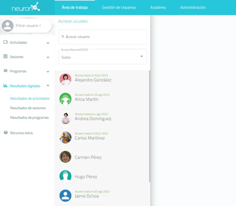 Filter by user in NeuronUP on the results screen