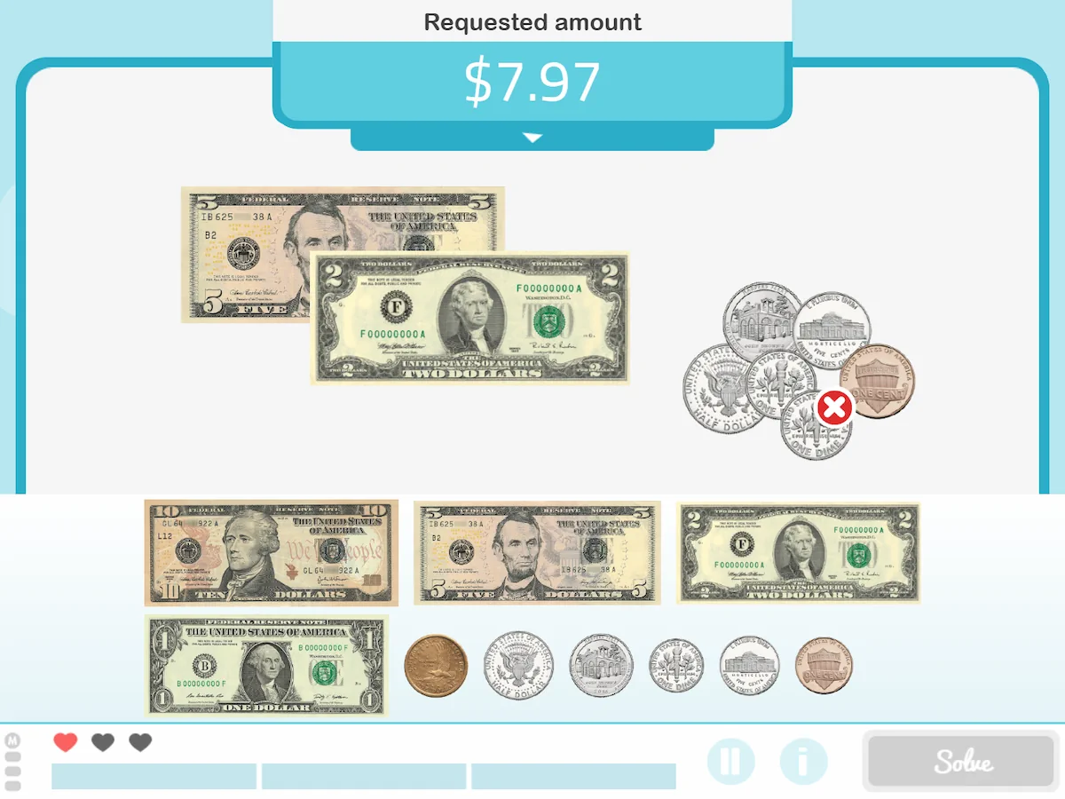 Money management game interface in NeuronUP, with bills and coins and check and scoring options.