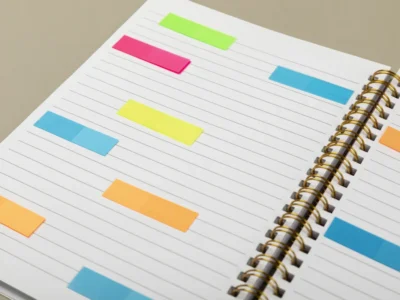 Prospective memory: what it is, differences from retrospective memory, contextualization, assessment, and variables. Notebook with colorful Post-it notes.