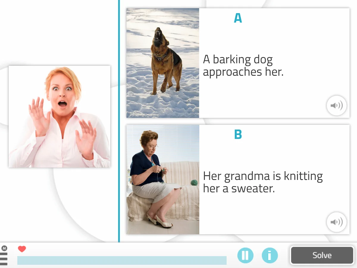 Two scenarios show emotional reactions: a barking dog scaring a person and a calm knitter, illustrating social cognition cues.