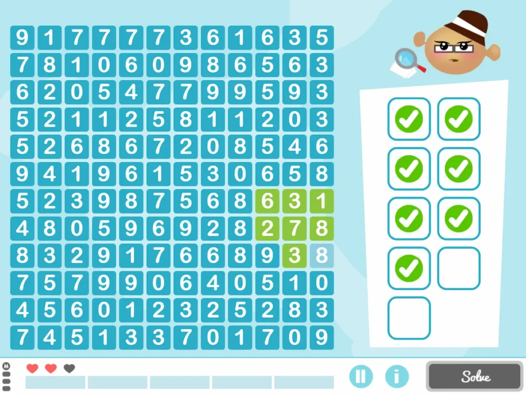 Grid-based puzzle on NeuronUP interface with blue squares and a Solve button, showing progress checkmarks for ASD cognitive tasks.