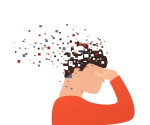 Traumatic brain injury: Management and treatment. Man touching his head as it disappears.
