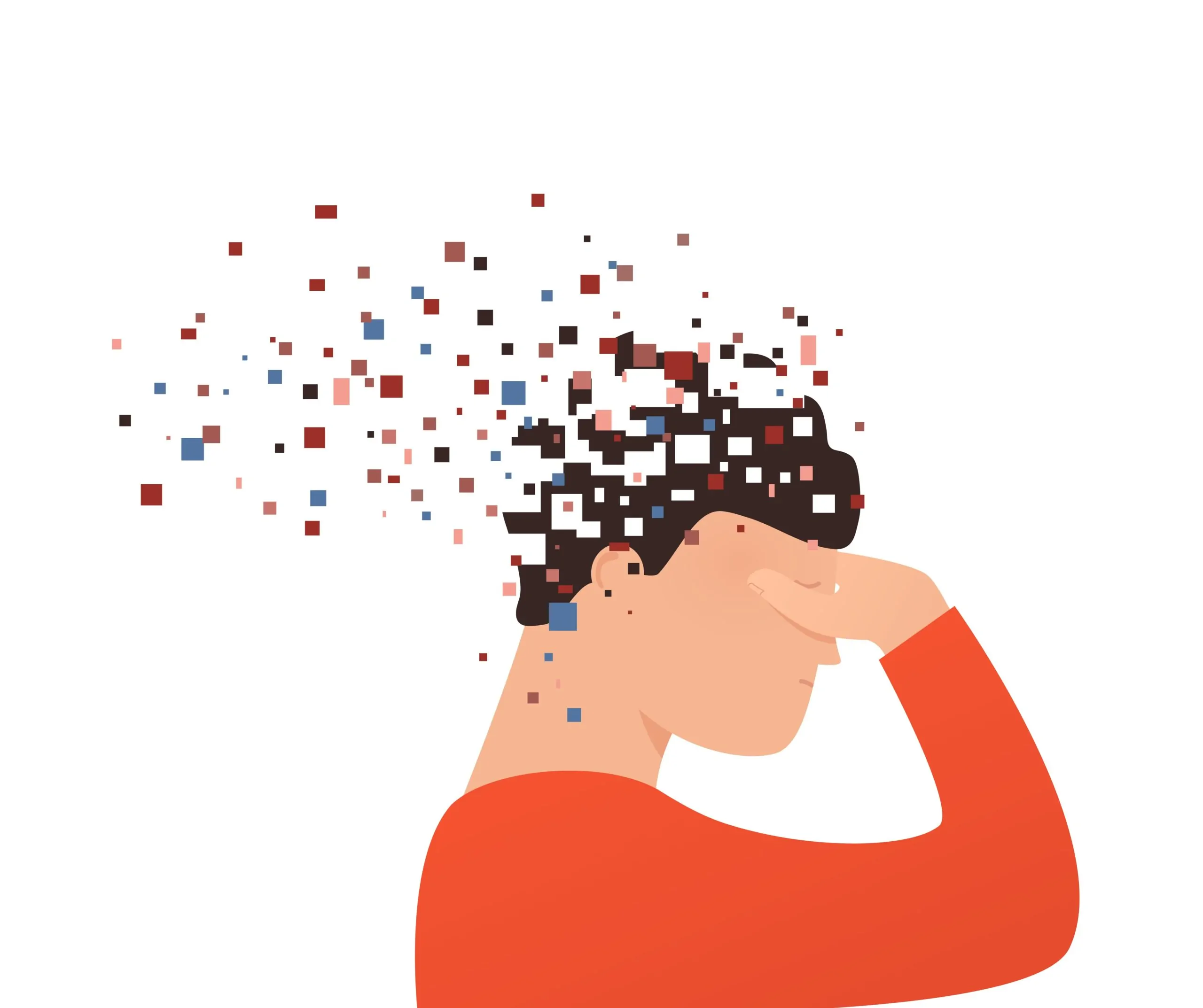 Traumatic brain injury: Management and treatment. Man touching his head as it disappears.
