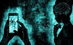 Neurosciences and how they have evolved over time. Woman thinking and picture of a neuron.