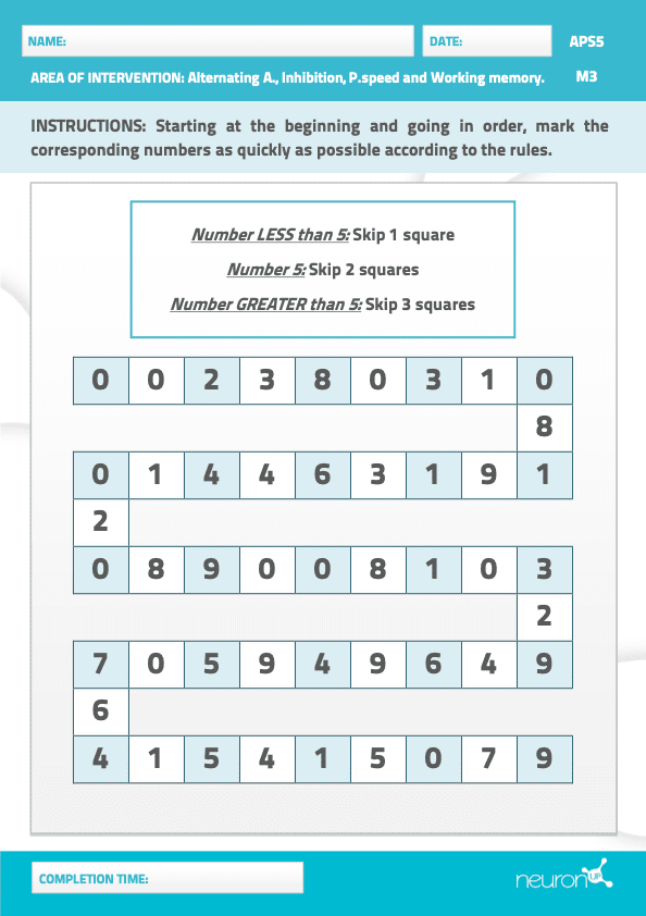 NeuronUP working memory worksheet for adults "Actions According to Numbers".