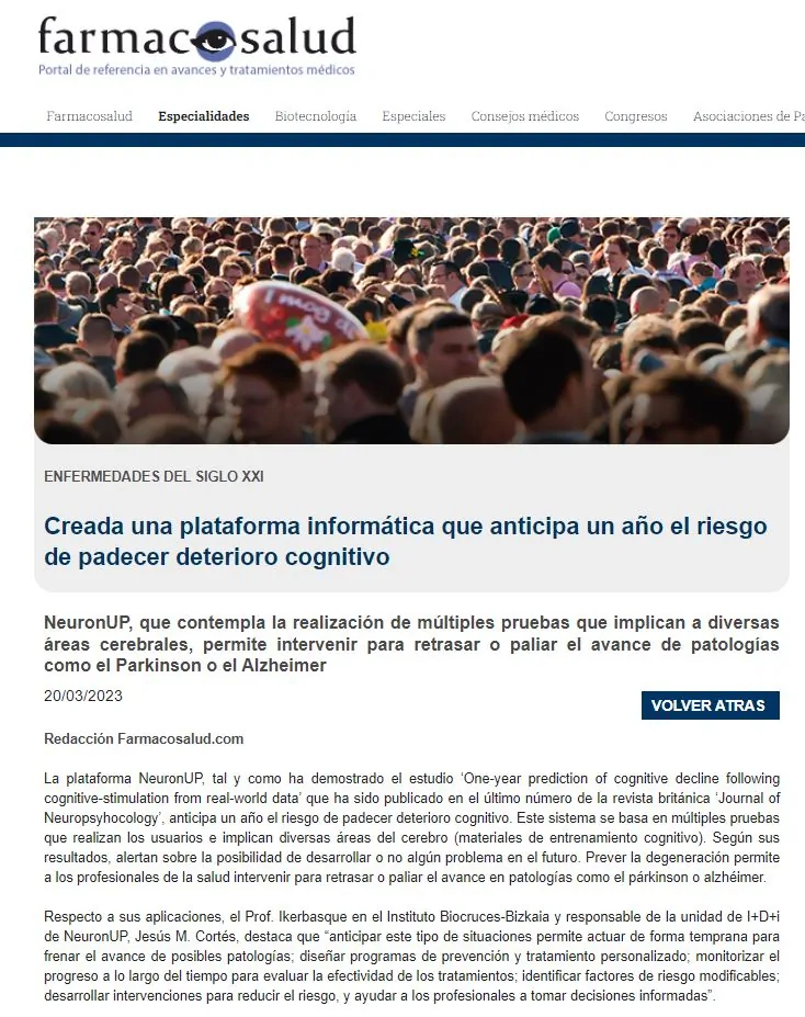Pharma-Health publishes a news article about the study on NeuronUP and cognitive decline.