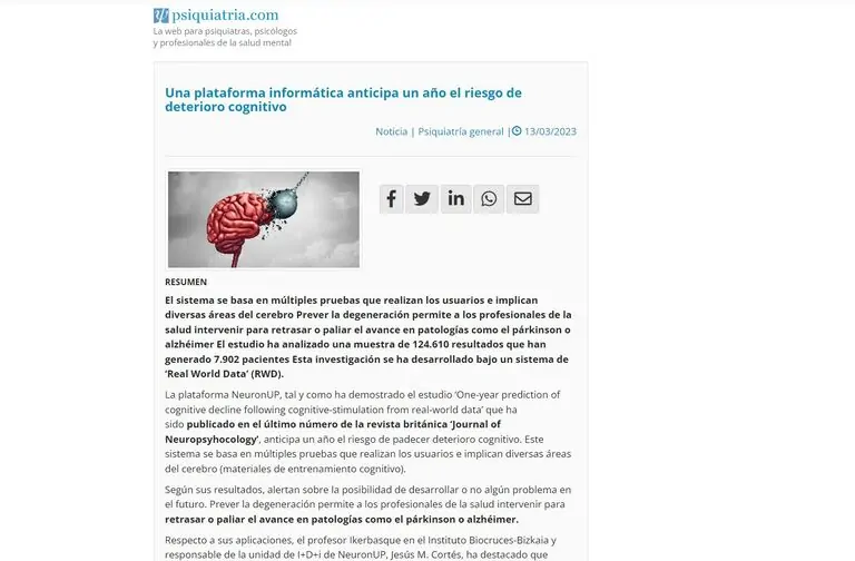 NeuronUP anticipates the risk of cognitive decline by one year