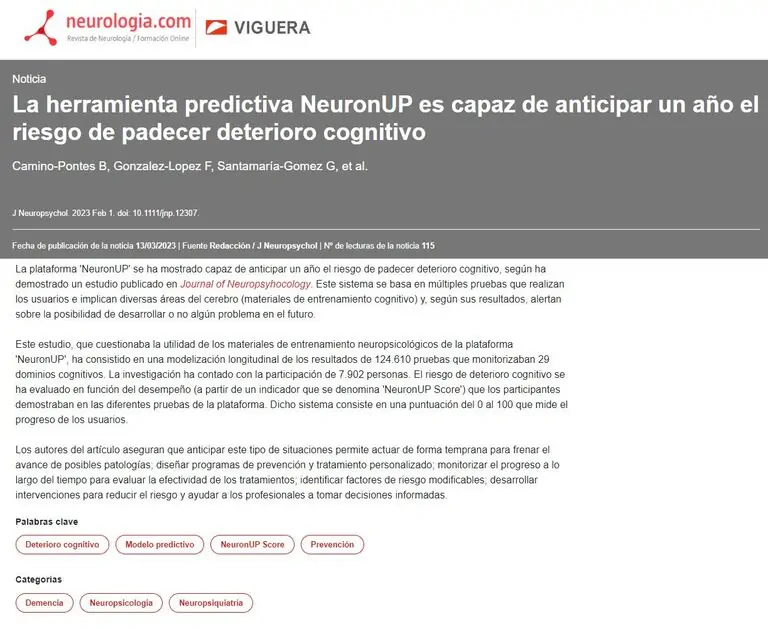 NeuronUP predicts the risk of cognitive decline one year earlier.