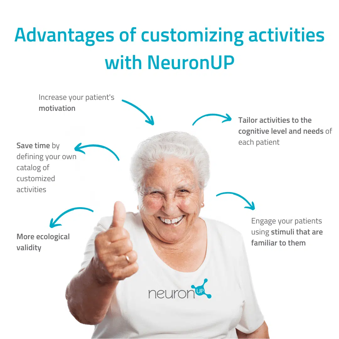Smiling elderly woman giving thumbs-up in NeuronUP UI, illustrating customizable cognitive rehab activities and benefits.