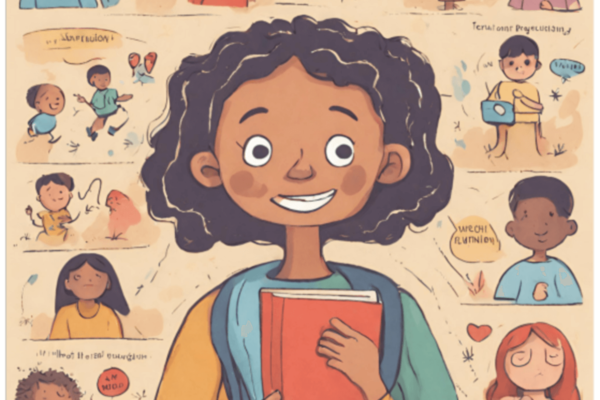 The importance of working on executive functions to improve emotional self-regulation in young people. A girl holding a book surrounded by vignettes of other children.