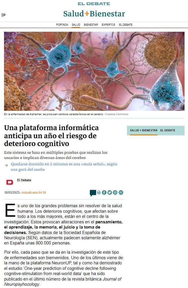 El Debate publishes the study on cognitive impairment and NeuronUP.