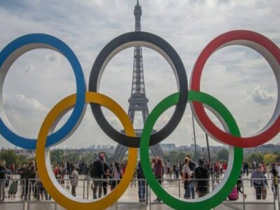 2024 Paralympic Games events and the importance of mental health. Symbolic rings of the Olympic Games and behind the Eiffel Tower.