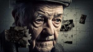 Anosognosia in Alzheimer’s disease. Image of an old man on a puzzle