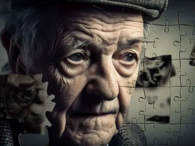 Anosognosia in Alzheimer’s disease. Image of an old man on a puzzle