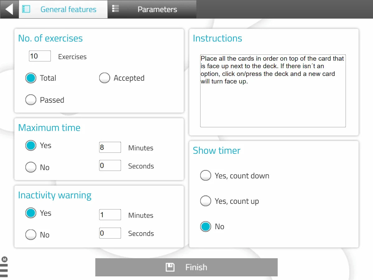 NeuronUP interface with session settings: 10 total exercises, acceptable passed, time, and timer.