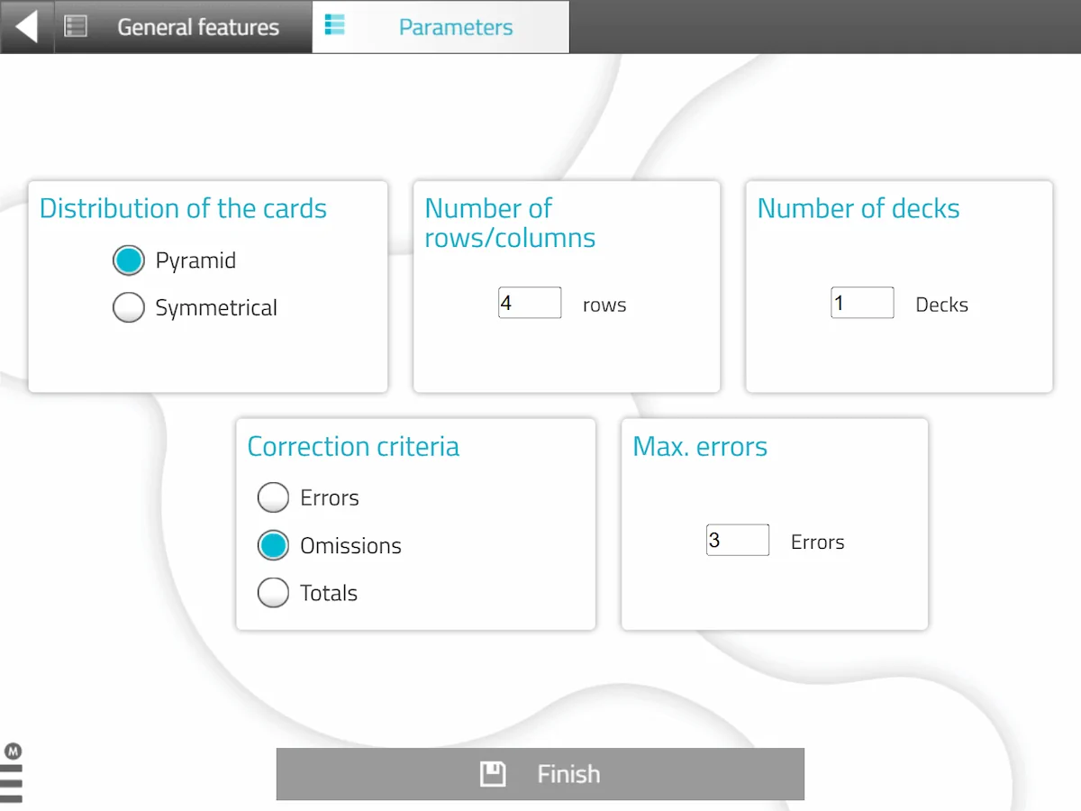 Settings interface for a card activity: Pyramid or Symmetrical, 4 rows, 1 deck, criteria.