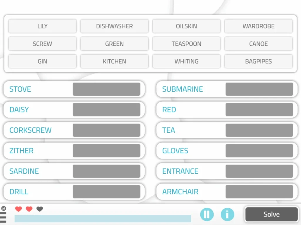 10 cognitive stimulation exercises for Parkinson’s disease NeuronUP Word Pairs interface showing categorized word cards in a grid, with play/pause controls and a heart icon.
