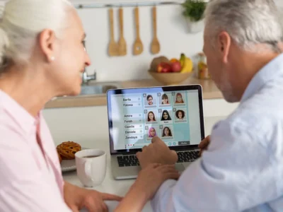 Two older adults using a laptop with NeuronUP2GO