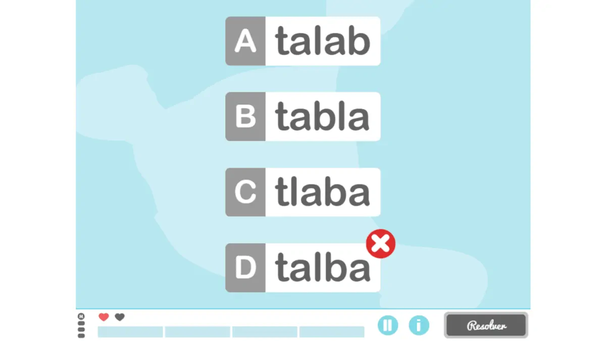 Four options for completing or identifying a word in NeuronUP; one option marked with an X as incorrect, highlighted letters, and interaction buttons.