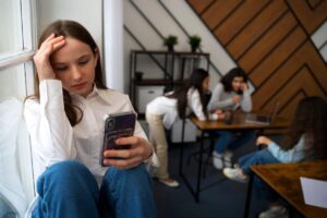 FOMO: The fear of missing out on the digital age. Young woman worried and attentive to her cell phone