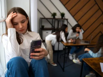 FOMO: The fear of missing out on the digital age. Young woman worried and attentive to her cell phone