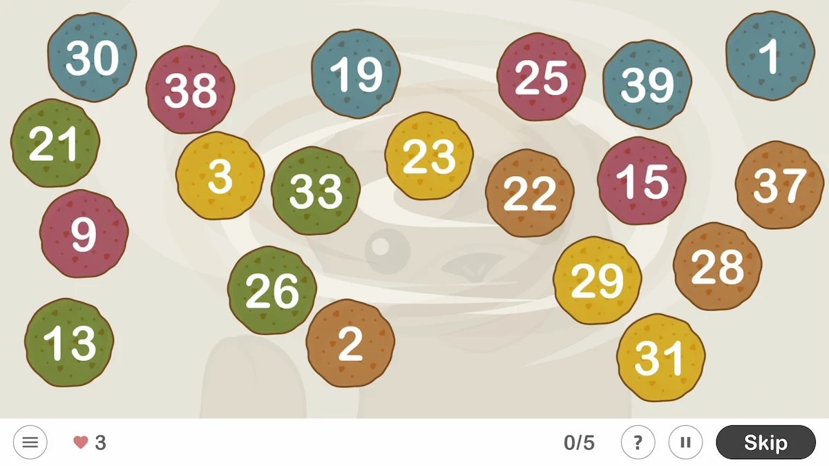 A set of colorful circles with numbers inside, scattered randomly on a light background; a bar at the bottom.