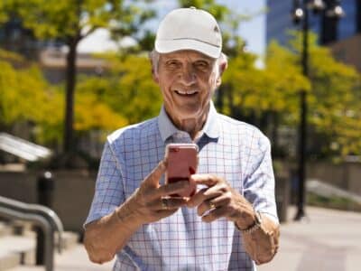 Reliability and validity of smartphone cognitive testing for frontotemporal lobar degeneration. Happy grandfather with a mobile phone in his hand