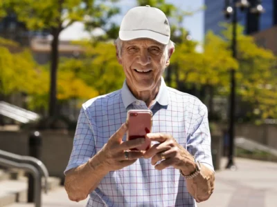 Reliability and validity of smartphone cognitive testing for frontotemporal lobar degeneration. Happy grandfather with a mobile phone in his hand