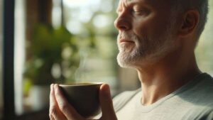 Neuroscience of olfaction in neurorehabilitation. Man smelling the contents of a cup