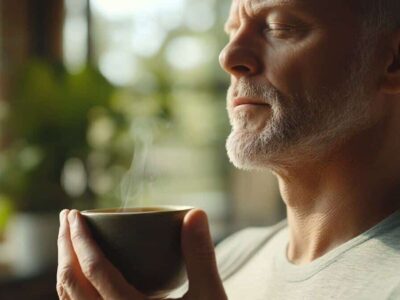 Neuroscience of olfaction in neurorehabilitation. Man smelling the contents of a cup