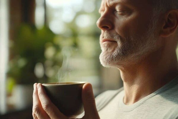 Neuroscience of olfaction in neurorehabilitation. Man smelling the contents of a cup