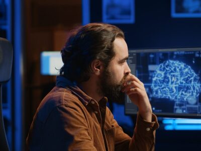 Deep learning model for the early detection of cognitive impairment from clinical notes in electronic medical records. A man looking at a digital computer screen