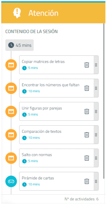 NeuronUP screenshot at Ateneu Maestrat: a 45-minute session plan with tasks such as copying grids, finding numbers, and joining shapes, along with an attention notice.