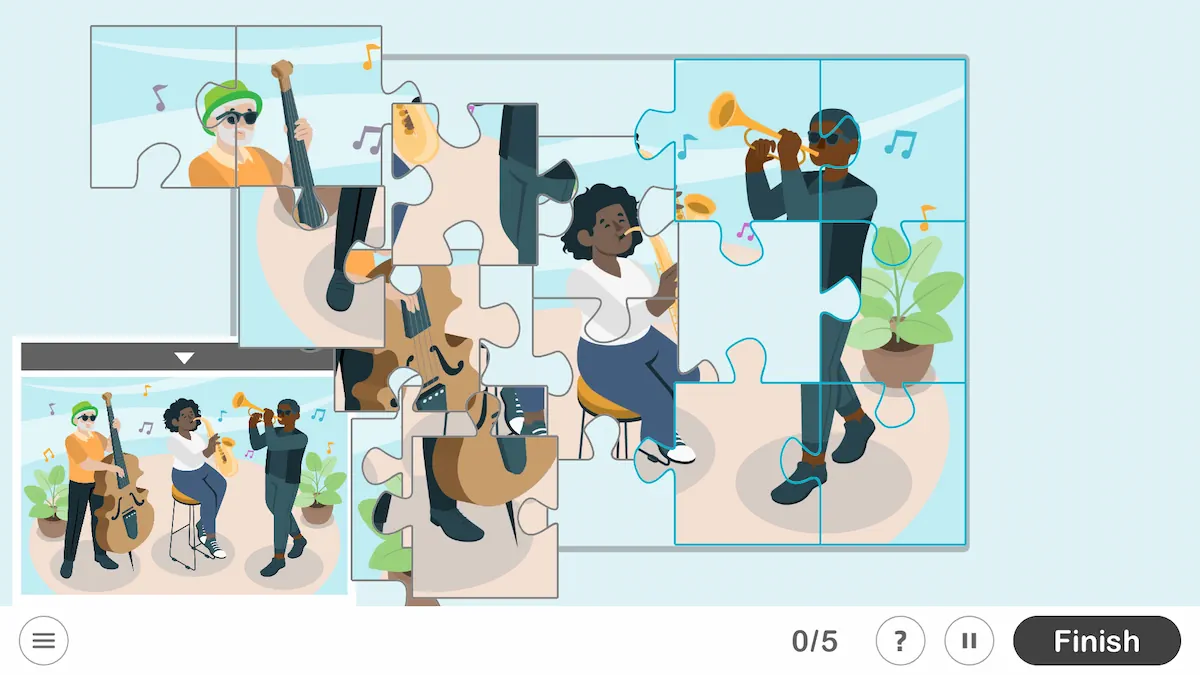 Jigsaw puzzle in the NeuronUP interface: colorful pieces to fit together, an outdoor scene with a campfire, tents, and trees.