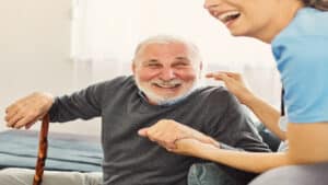 Real testimonials from our customers. Older man smiling during rehabilitation